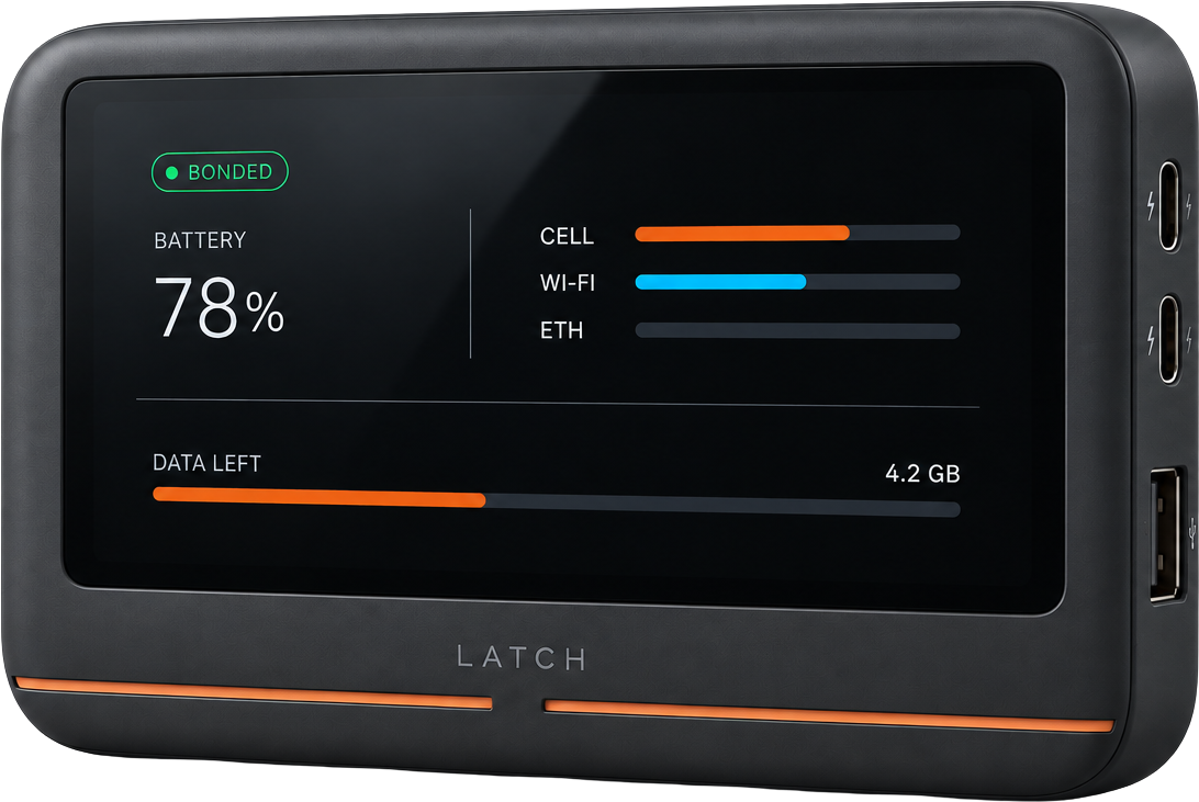 Latch. Its screen shows Bonded, 78 percent battery, cellular and Wi‑Fi bars, and 4.2 GB of data left